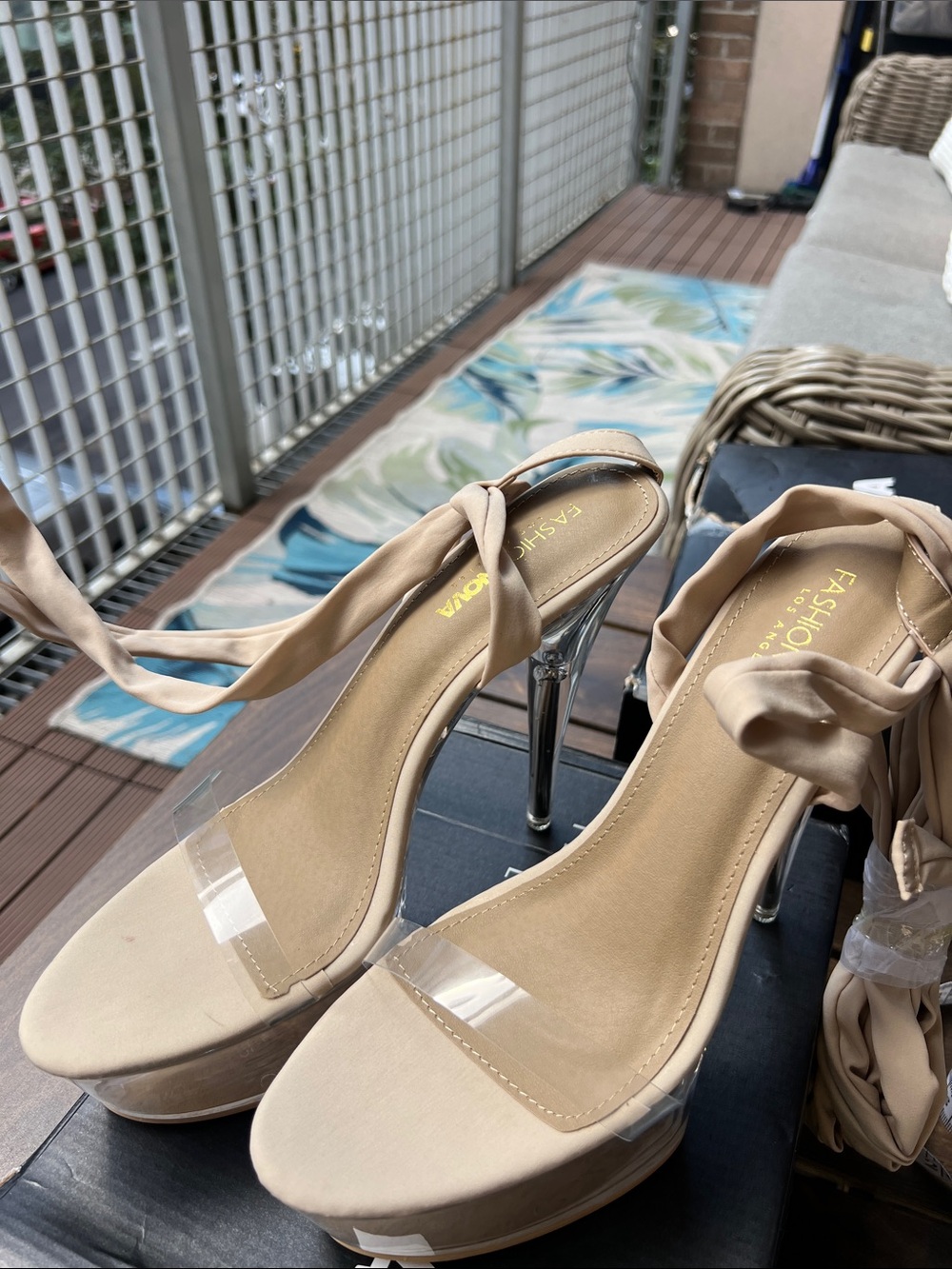Fashion Nova Beige Clear-Strap Platform Ankle-Tie Heels
